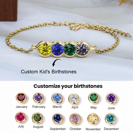 Personalisiertes Erbsen-in-der-Schote-Geburtsstein-Armband, Jubiläumsgeschenk für die Familie